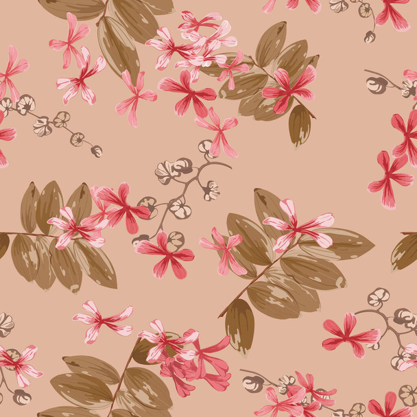 floral background with small red flowers and twigs with leaves - Vector, afbeelding