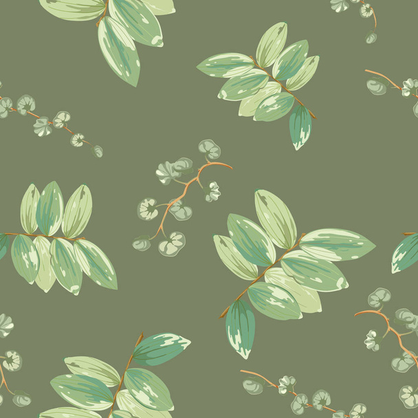 tropical background with green exotic leaves scattered random - Vector, afbeelding