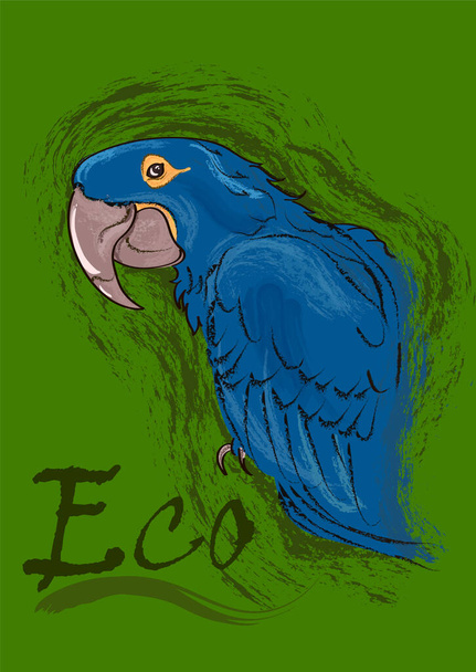 Blauer Ara Papagei auf grünem Hintergrund mit einer Inschrift. Vektorillustration. - Vektor, Bild