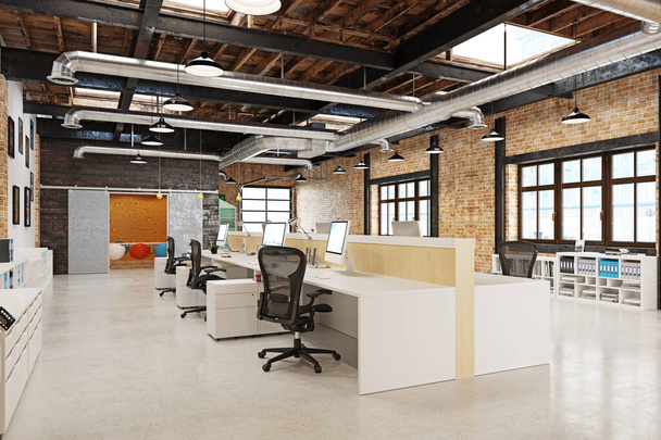 zeitgenössisches Loft Office Interieur. 3D Rendering Designkonzept - Foto, Bild