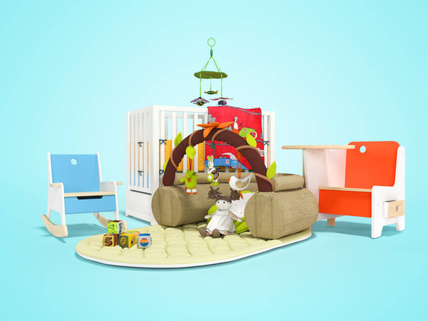 3D-Rendering-Konzept des Kinderzimmers mit Möbeln für kleinen Fluss auf blauem Hintergrund mit Schatten - Foto, Bild