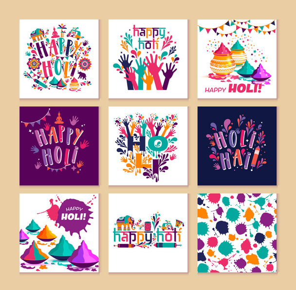 Happy holi vector elements for card design , Happy holi design with colorful icon on 9 cards - Wektor, obraz