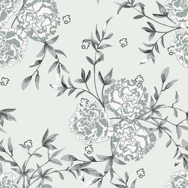 Trendy floral background with roses, large flower buds and twigs with leaves in hand drawn style pastel colors. Blooming botanical motifs scattered random. Vector seamless pattern for fashion prints. - Wektor, obraz