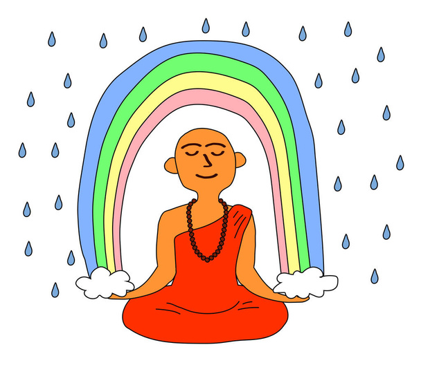 Buddhistischer Mönch und Regenbogen auf weißem Hintergrund. Karikatur. Vektorillustration. - Vektor, Bild