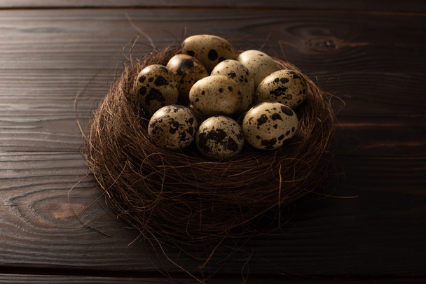 quail eggs in brown nest on dark wooden surface - Φωτογραφία, εικόνα