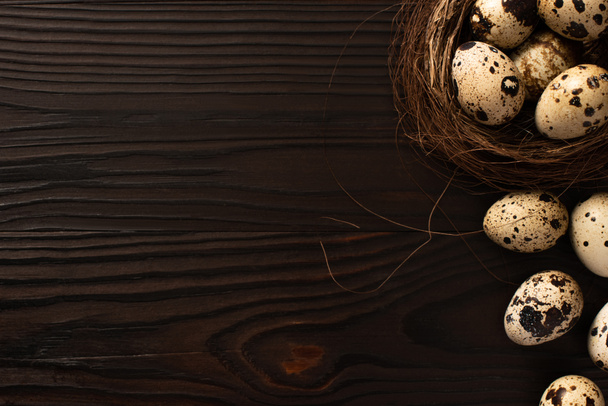 top view of quail eggs in brown nest on and on dark wooden surface - Fotó, kép