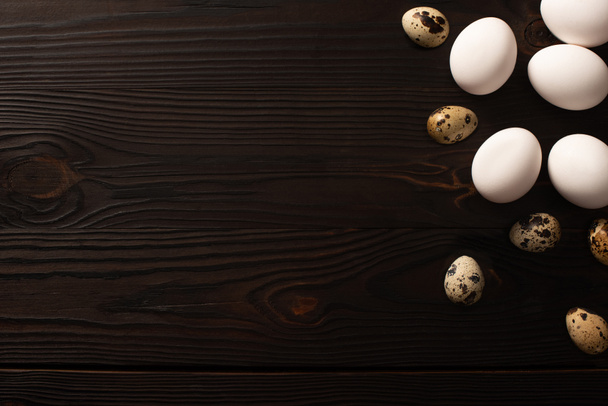 top view of white chicken eggs and quail eggs on dark wooden background - Фото, изображение