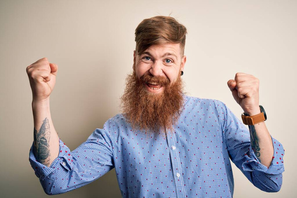 Handsome Irish redhead business man with beard standing over isolated background celebrating surprised and amazed for success with arms raised and open eyes. Winner concept. - 写真・画像