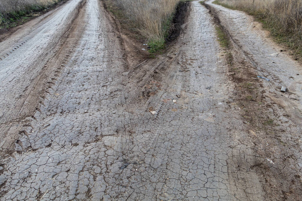 Suché popraskané Dirt Road splitting to two sides - Fotografie, Obrázek