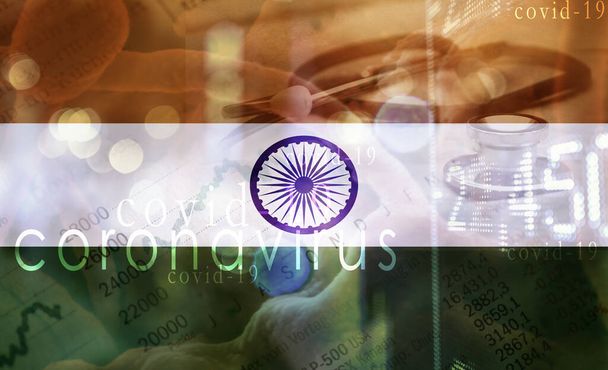 Coronavírus espalhado na índia imagem composta com objeto médico e indicador econômico mostrando as consequências econômicas para a economia indiana
 - Foto, Imagem