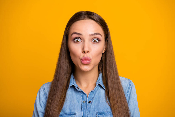 Portrait of funny careless girl enjoy 14-february day celebration want joking send funky air kiss wear good look clothes isolated over bright color background - Фото, зображення