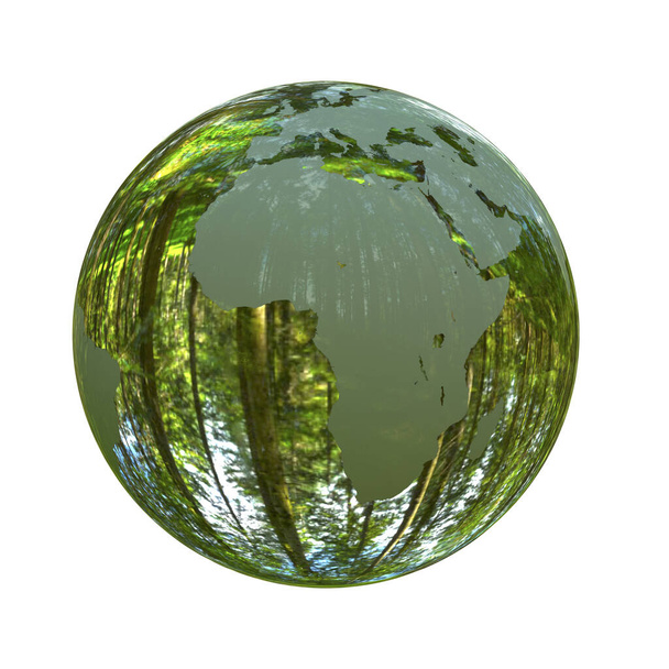 Ilustracja 3D - Zielona planeta Ziemia w kształcie kryształowej kuli odizolowanej na białym tle - Zdjęcie, obraz