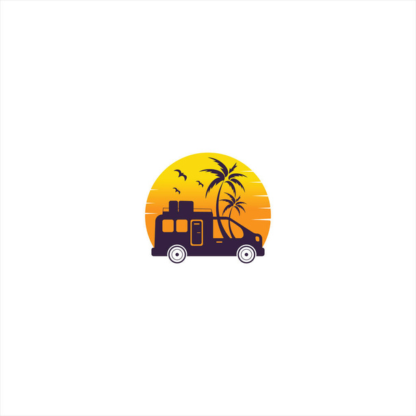 Camper van palme e sole vettore logo design. Camper sull'icona della spiaggia
. - Vettoriali, immagini