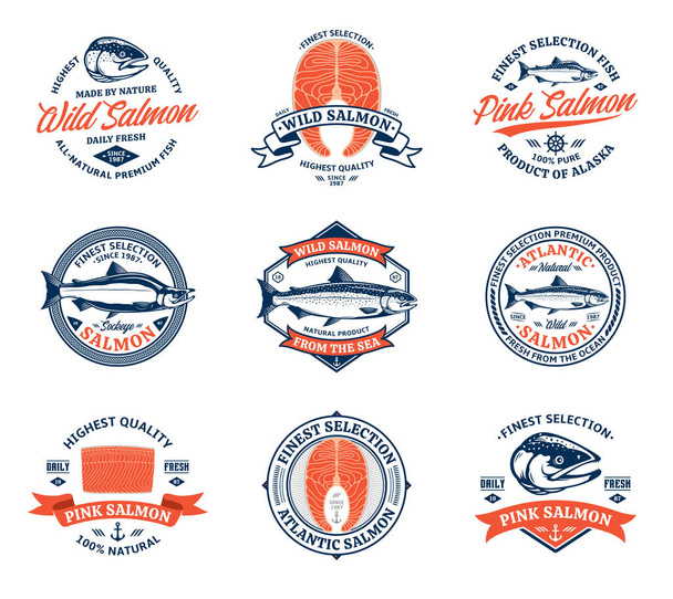 Logo vectoriel saumon bleu et orange sur fond blanc. Illustrations de poissons saumons, steaks crus et filet. Étiquettes ou épicerie de fruits de mer de style moderne, pêche, emballage et publicité
 - Vecteur, image