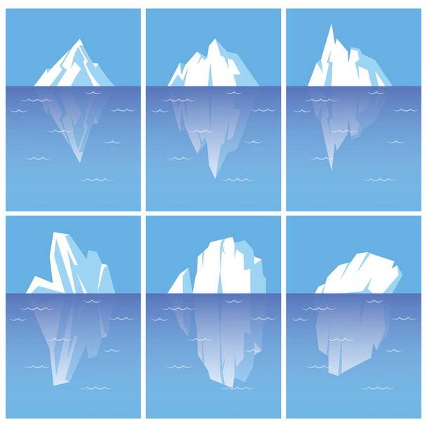 Vektor-Set von Eisbergen mit Unterwasserteil. Flache Illustrationen isoliert auf weißem Hintergrund. - Vektor, Bild