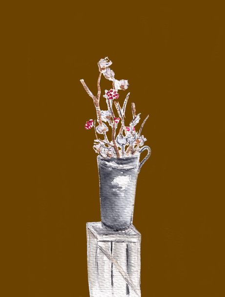 Arrangement of a flowers in a tall vase. Branches of cotton buds and red berries. Ikebana isolated on brown background. Hand drawn sketch illustration. Watercolor textured painting.   - Foto, Bild
