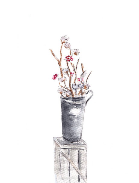 Arrangement of a flowers in a tall vase. Branches of cotton buds and red berries. Ikebana isolated on white background. Hand drawn sketch illustration. Watercolor textured painting.   - 写真・画像
