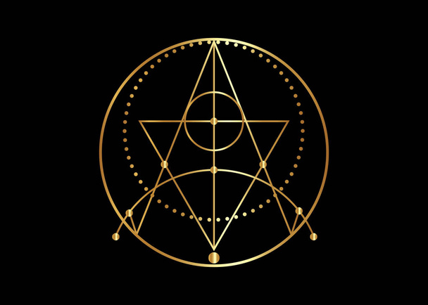 A védelem aranypecsétje. Varázslatos amulettek. Használható tetoválásként, arany logó jelként és ujjlenyomatként. Wiccan okkult szimbólum, szent geometria, luxus vektor elszigetelt fekete háttér  - Vektor, kép