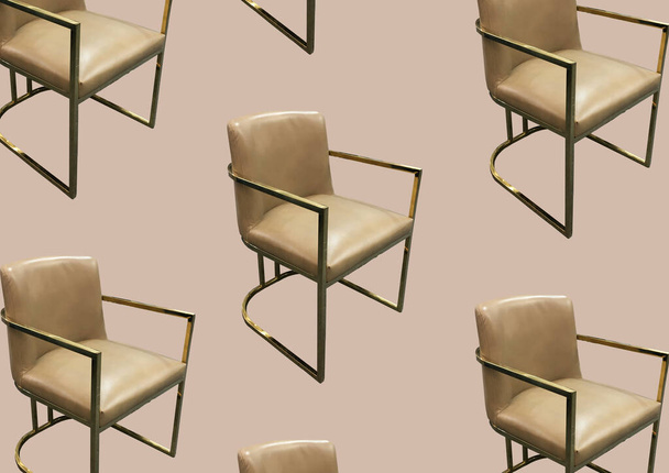 Elegantes sillas de cuero beige de diseño con una base dorada aislada sobre fondo marrón. Silla de diseño tapizada. Sillas de diseño moderno. Muebles cómodos. collage de fotos
 - Foto, imagen
