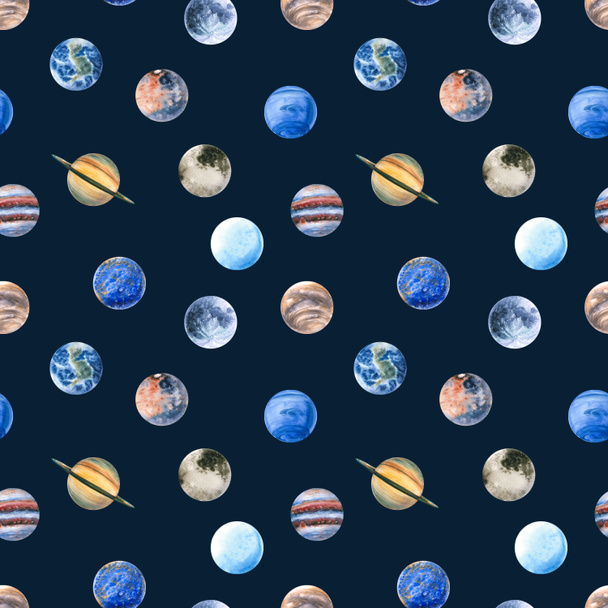 Seamless pattern of watercolor planets and Moon. Hand drawn illustration is isolated on dark blue. Painted solar system is perfect for astrologer, interior poster, science background, fabric textile - Foto, Bild