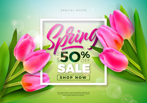 Spring Sale Design Template with Tulip Flowers and Typography Letter on Green Background. Vector Special Offer Illustration for Coupon, Banner, Voucher or Promotional Poster. - Vektor, kép