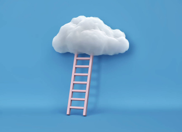 Λευκό σύννεφο και σκάλα σε μπλε φόντο. 3D απόδοση - Φωτογραφία, εικόνα
