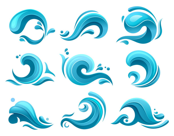 Flat cartoon water waves, ocean and sea splashes - Wektor, obraz