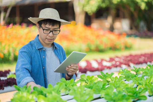 Πορτρέτο του νεαρού έξυπνου αγρότη χρησιμοποιώντας ψηφιακό υπολογιστή tablet για επιθεώρηση. χρήση της τεχνολογίας στον τομέα της γεωργίας εφαρμογή στη γεωργική δραστηριότητα και τον έλεγχο της έννοιας της ποιότητας. - Φωτογραφία, εικόνα