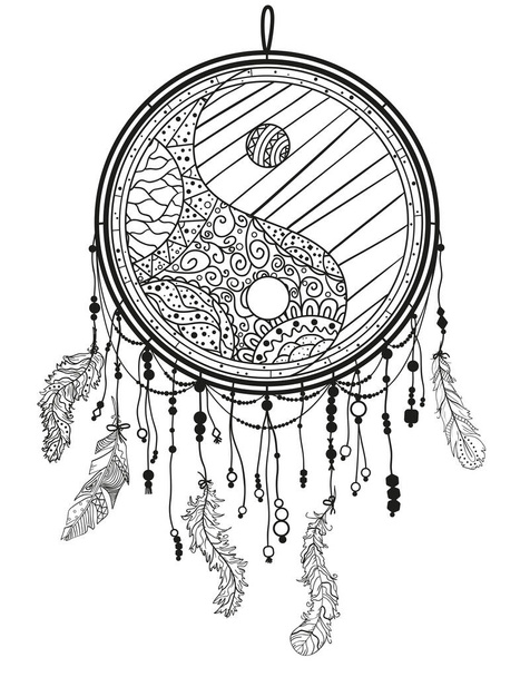 Yin and Yang. Dreamcatcher on white. Abstract mystic symbol. Black and white illustration - Vector, Image