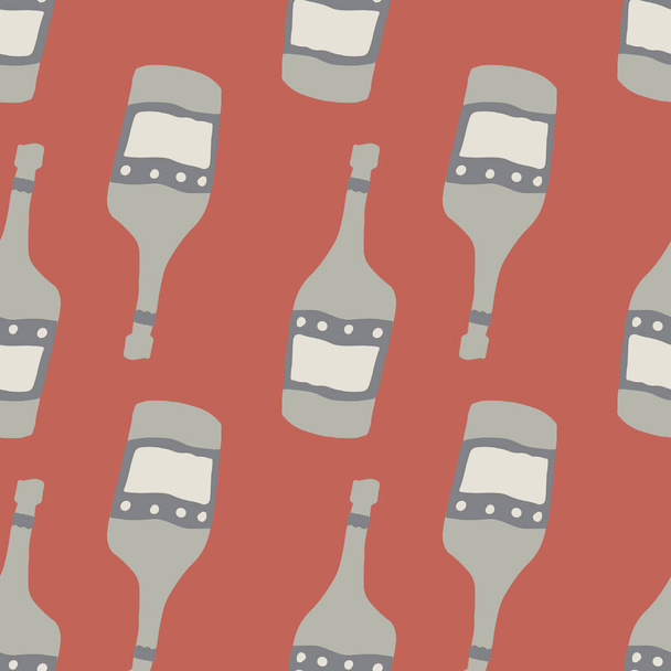 Doodle glass bottle seamless pattern on red background. Alcohol bar bottles in doodle style. Design for fabric, textile print, wrapping paper. Creative vector illustration - Вектор,изображение