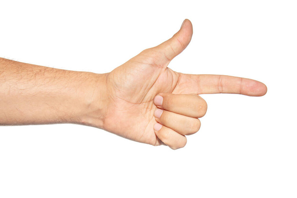 Menselijke hand met wijsvinger wijst ergens op. Interface of drukknop. - Foto, afbeelding