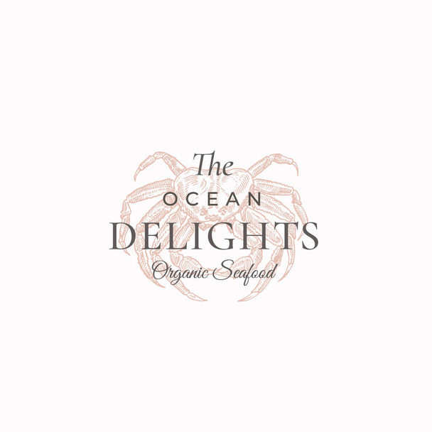 The Ocean Delights Abstract Vector Sign, Symbol or Logo Template. Elegant Hand Drawn Crab Sillhouette Sketch with Classy Retro Typography. Vintage Luxury Emblem. - Vector, Image