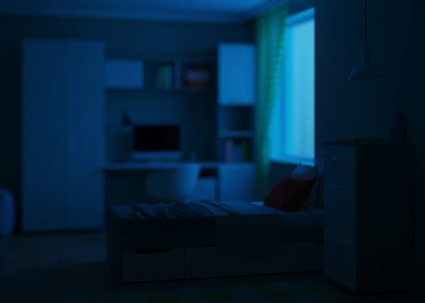 Άνετο κομψό υπνοδωμάτιο σχεδιασμένο για έναν έφηβο. Νύχτα. Βραδινός φωτισμός. 3d απόδοση. - Φωτογραφία, εικόνα
