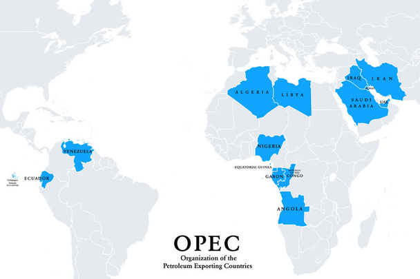 OPECin jäsenmaat, poliittinen kartta. Öljynviejämaiden järjestö, 14 valtion organisaatio, jolla on merkittävä vaikutus öljyn maailmanmarkkinahintaan. Englantilaiset merkinnät. Kuvitus. Vektori
. - Vektori, kuva