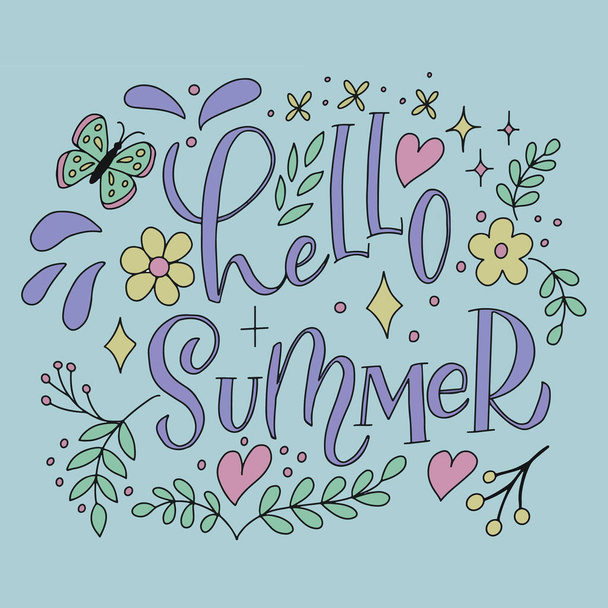 Vector lettering on a blue background - hello summer - with leaflets, hearts, butterfly. For the design of postcards, notebook covers, prints on t-shirts, posters - Διάνυσμα, εικόνα