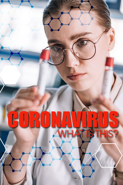 selective focus of beautiful epidemiologist in glasses looking at test tubes, coronavirus illustration - Photo, Image
