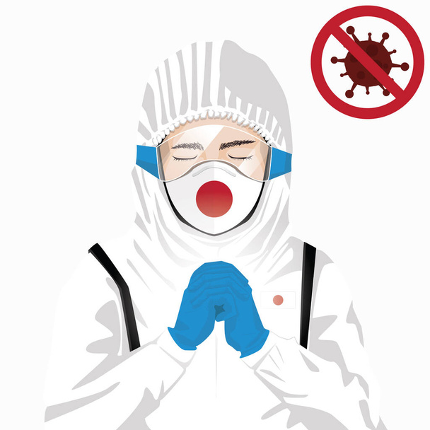 Conceito de Covid-19 ou Coronavirus. Equipe médica japonesa usando máscara em roupas de proteção e rezando contra o surto do vírus Covid-19 no Japão. Homem japonês e bandeira do Japão. Vírus da corona epidémica
 - Vetor, Imagem