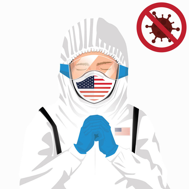 Covid-19 oder Coronavirus-Konzept. Amerikanisches medizinisches Personal trägt Maske in Schutzkleidung und betet für den Ausbruch des Covid-19-Virus in den Vereinigten Staaten. Amerikanischer Mann und USA-Fahne. Epidemisches Coronavirus - Vektor, Bild
