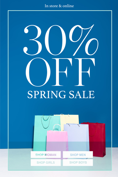 colorful paper shopping bags on blue background, 30 percent off spring sale illustration - Fotó, kép
