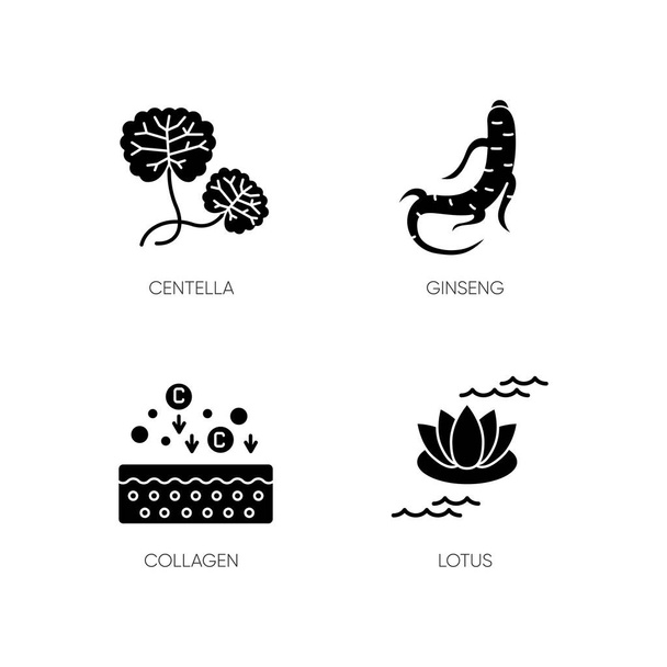 Cosmetic ingredient black glyph icons set on white space. Centella plant. Ginseng root. Collagen formula. Lotus flower. Korean beauty. Silhouette symbols. Vector isolated illustration - Vector, Image