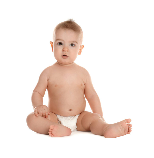 Cute little baby in diaper on white background - 写真・画像