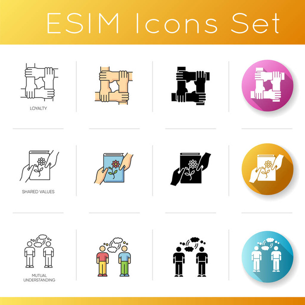 Friendship icons set. Linear, black and RGB color styles. Emotional affection, interpersonal bond, social relationship. Loyalty, shared values and mutual understanding. Isolated vector illustrations - Vector, Image