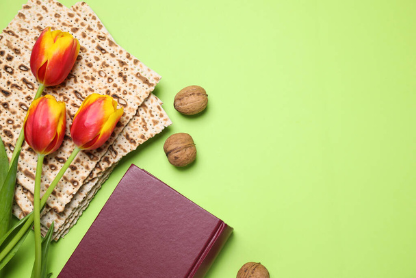 Flat lay composition with symbolic Pesach (Passover Seder) items on green background, space for text - Photo, image