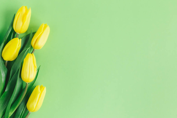 Tendre tulipes jaunes sur fond vert pastel. Carte de voeux pour la fête des Mères. Pose plate. Place pour le texte
.  - Photo, image