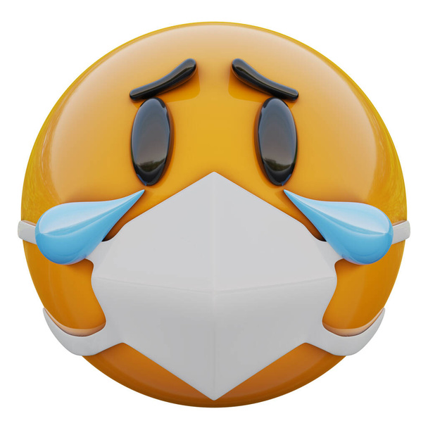 Representación 3D de llorar triste cara de emoji amarillo en máscara médica que protege contra el coronavirus 2019-nCoV, MERS-nCoV, sarmientos, gripe aviar y otros virus, gérmenes y bacterias y enfermedades contagiosas
. - Foto, Imagen