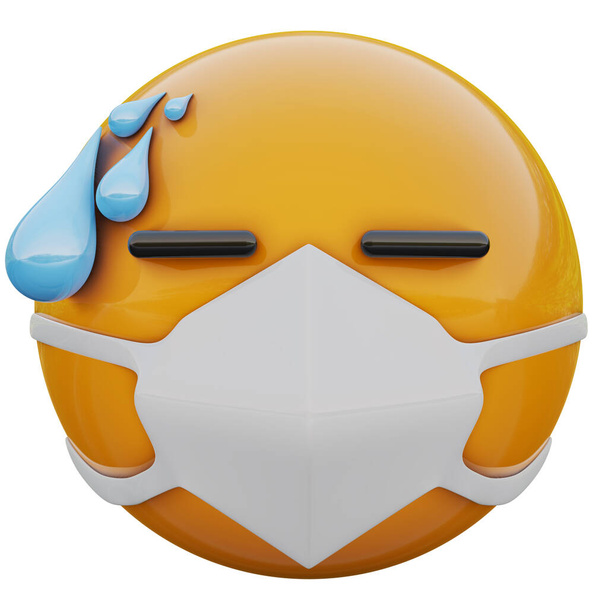 3D-Darstellung des gestressten gelben Emoji-Gesichts in medizinischer Maske zum Schutz vor Coronavirus 2019-nCoV, MERS-nCoV, Sars, Vogelgrippe und anderen Viren, Keimen und Bakterien und ansteckenden Krankheiten. - Foto, Bild