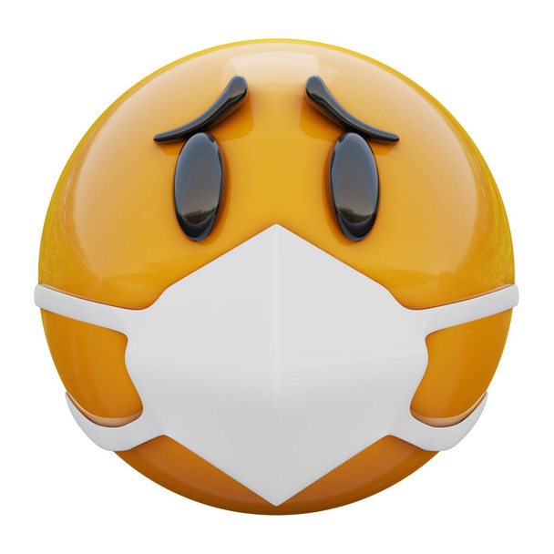 3D-Darstellung des besorgten gelben Emoji-Gesichts in medizinischer Maske zum Schutz vor Coronavirus 2019-nCoV, MERS-nCoV, Sars, Vogelgrippe und anderen Viren, Keimen und Bakterien und ansteckenden Krankheiten. - Foto, Bild