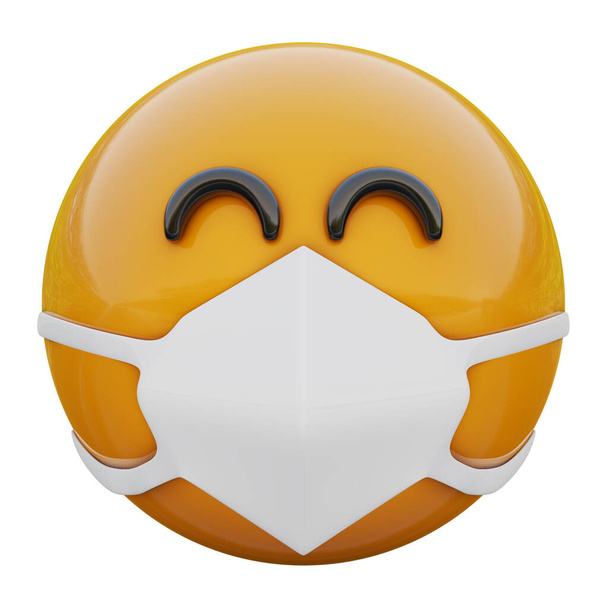 Representación 3D de la cara de emoji amarillo satisfecho en máscara médica que protege contra el coronavirus 2019-nCoV, MERS-nCoV, sarmientos, gripe aviar y otros virus, gérmenes y bacterias y enfermedades contagiosas
. - Foto, imagen