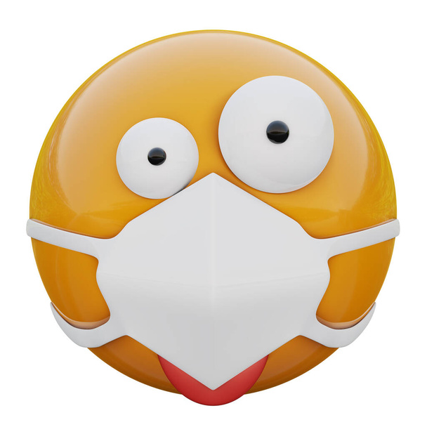 3D-Darstellung eines verrückten Emoji-Gesichts in medizinischer Maske zum Schutz vor Coronavirus 2019-nCoV, MERS-nCoV, Sars, Vogelgrippe und anderen Viren, Keimen und Bakterien und ansteckenden Krankheiten. - Foto, Bild