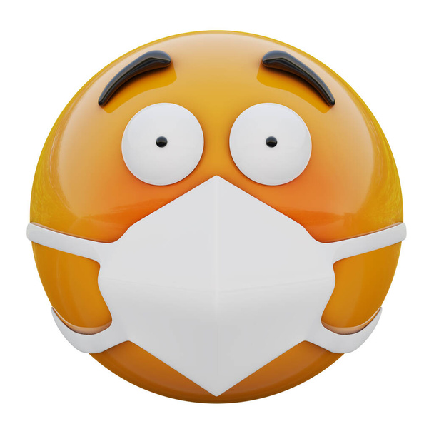 3D-Darstellung von gerötetem und schockiertem Emoji-Gesicht in medizinischer Maske zum Schutz vor Coronavirus 2019-nCoV, MERS-nCoV, Sars, Vogelgrippe und anderen Viren, Keimen und Bakterien und ansteckenden Krankheiten. - Foto, Bild